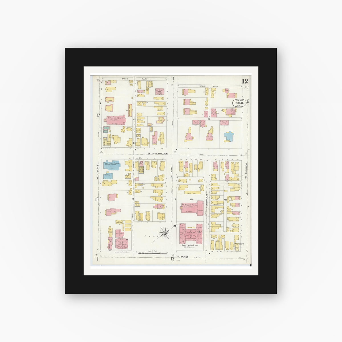 Old map wall art mockup — black gallery frame with white mat — Sanborn Fire Insurance Map from Rome, Oneida County, New York (1904), Sheet #0012
