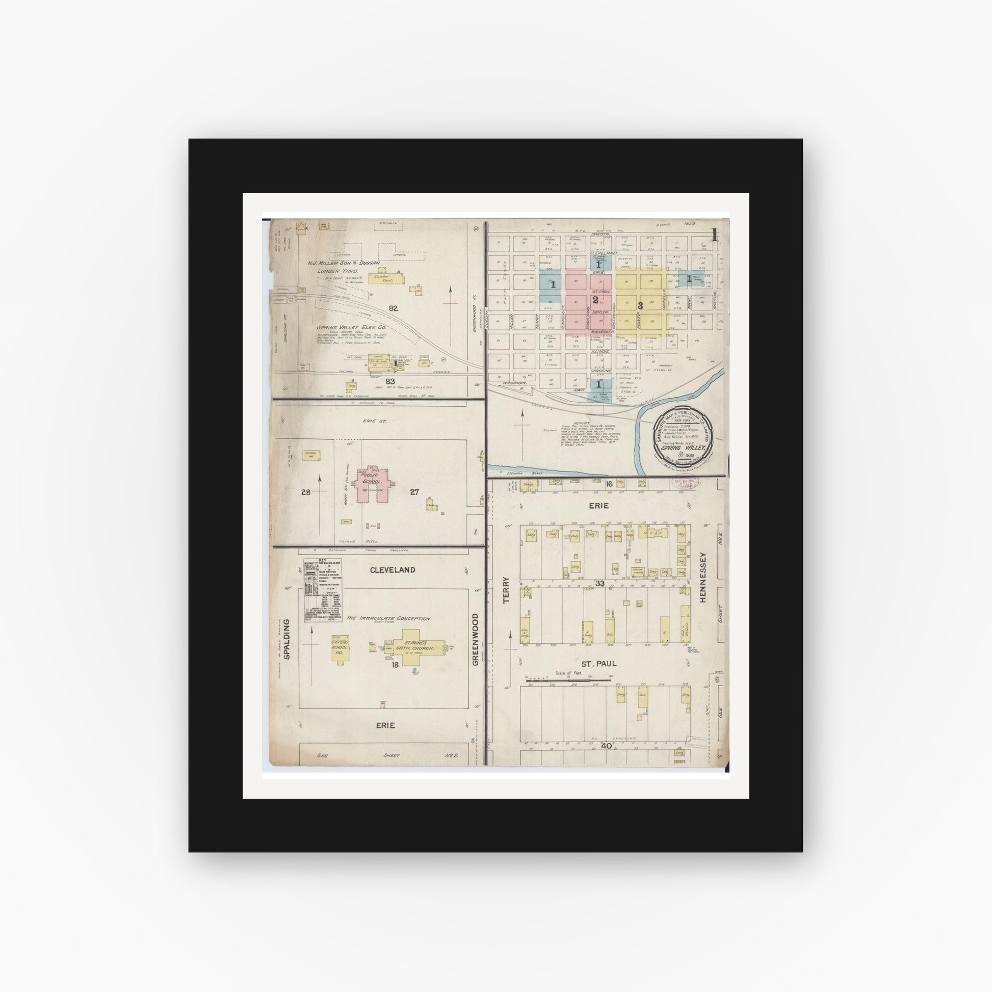 Old map wall art mockup — black gallery frame with white mat — Sanborn Fire Insurance Map from Spring Valley, Bureau County, Illinois (1888), Sheet #0001