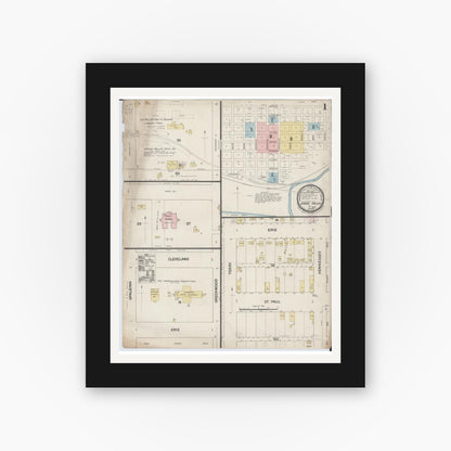 Old map wall art mockup — black gallery frame with white mat — Sanborn Fire Insurance Map from Spring Valley, Bureau County, Illinois (1888), Sheet #0001