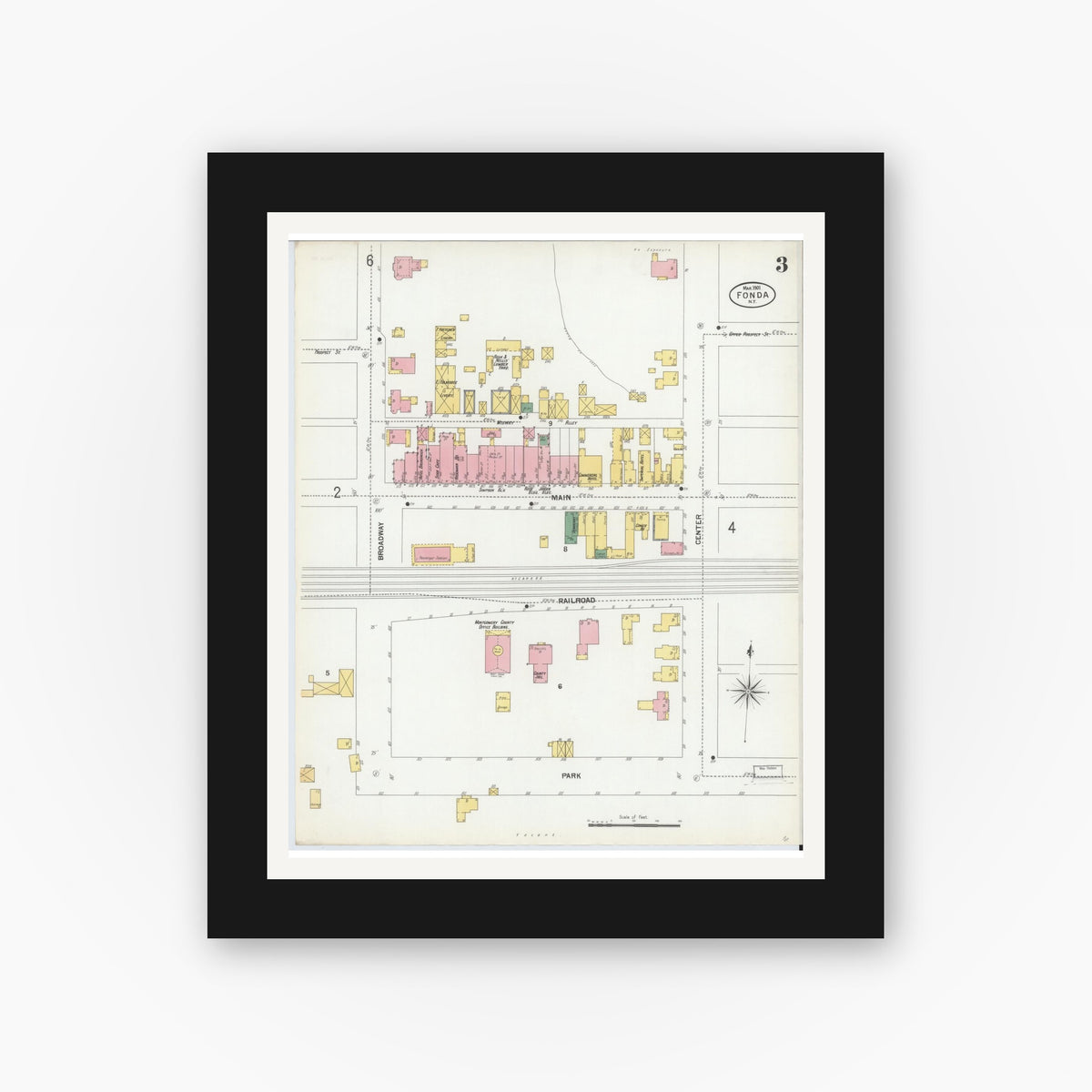 Old map wall art mockup — black gallery frame with white mat — Sanborn Fire Insurance Map from Fonda, Montgomery County, New York (1901), Sheet #0003
