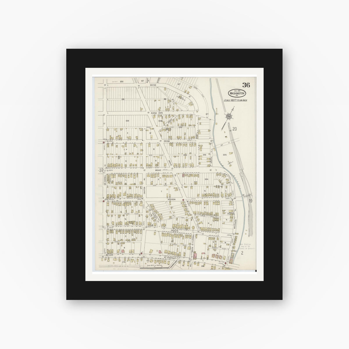 Old map wall art mockup — black gallery frame with white mat — Sanborn Fire Insurance Map from Washington, Washington County, Pennsylvania (1914), Sheet #0036