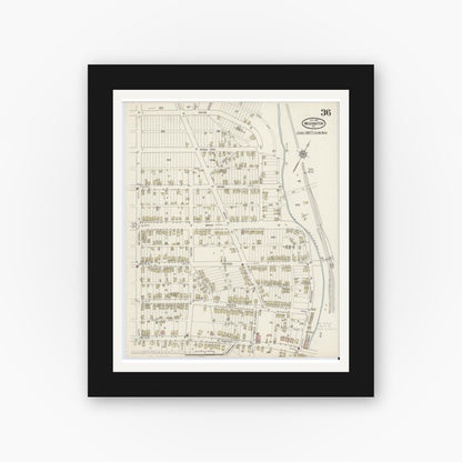 Old map wall art mockup — black gallery frame with white mat — Sanborn Fire Insurance Map from Washington, Washington County, Pennsylvania (1914), Sheet #0036