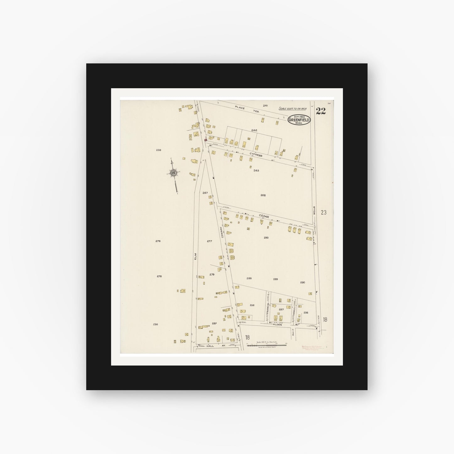 Old map wall art mockup — black gallery frame with white mat — Sanborn Fire Insurance Map from Greenfield, Franklin County, Massachusetts (1922), Sheet #0022