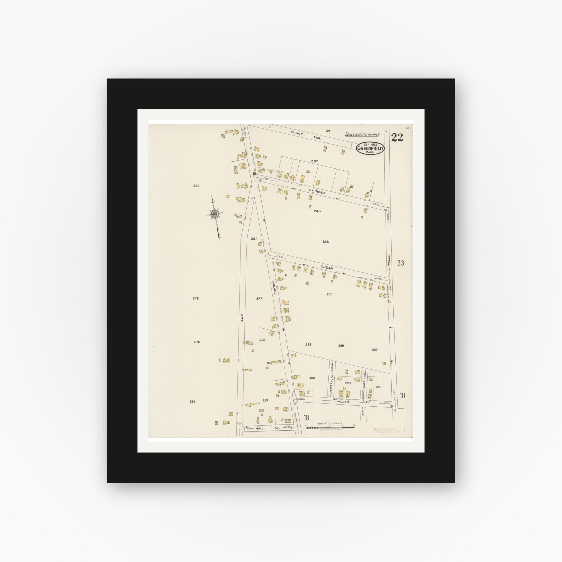 Old map wall art mockup — black gallery frame with white mat — Sanborn Fire Insurance Map from Greenfield, Franklin County, Massachusetts (1922), Sheet #0022
