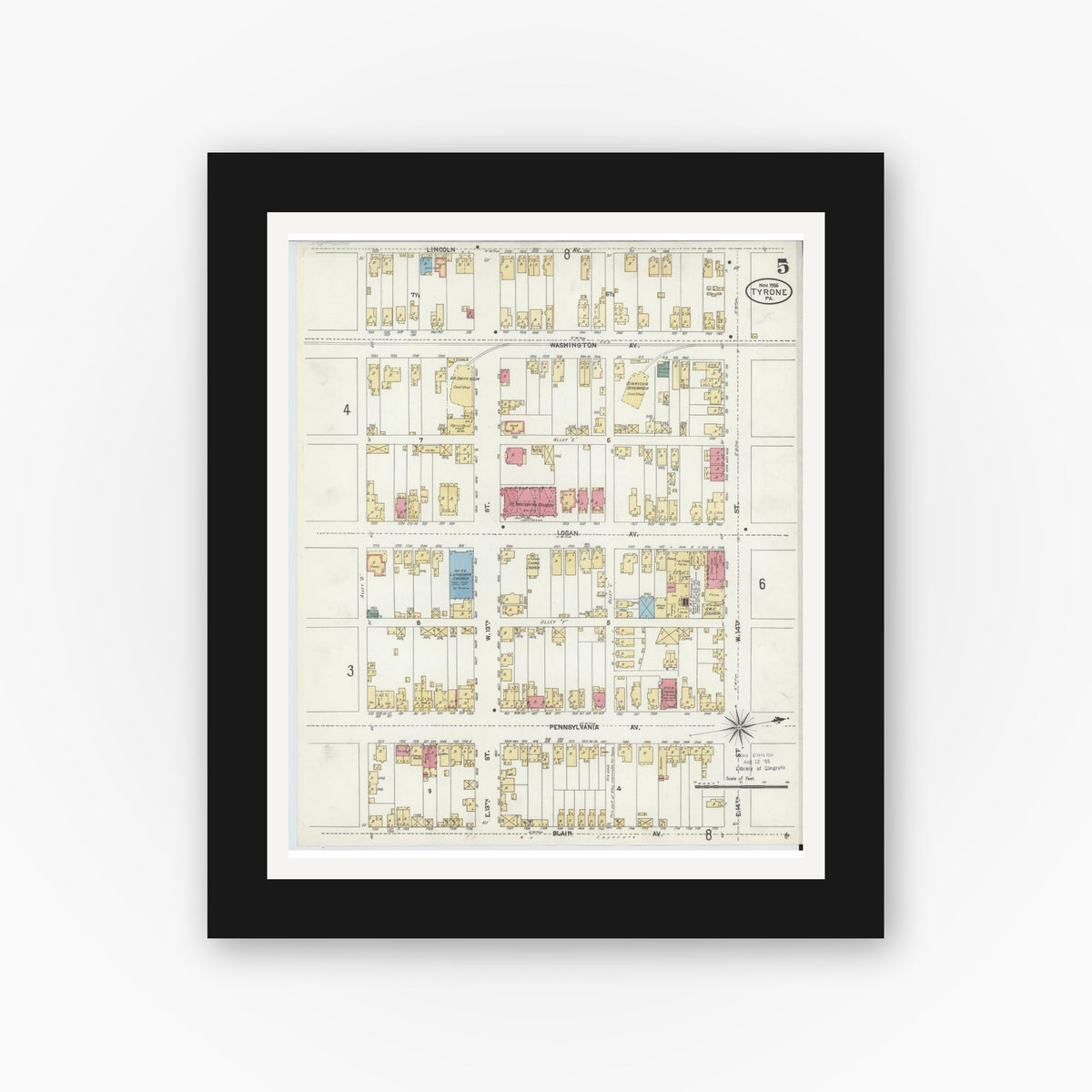 Old map wall art mockup — black gallery frame with white mat — Sanborn Fire Insurance Map from Tyrone, Blair County, Pennsylvania (1906), Sheet #0005
