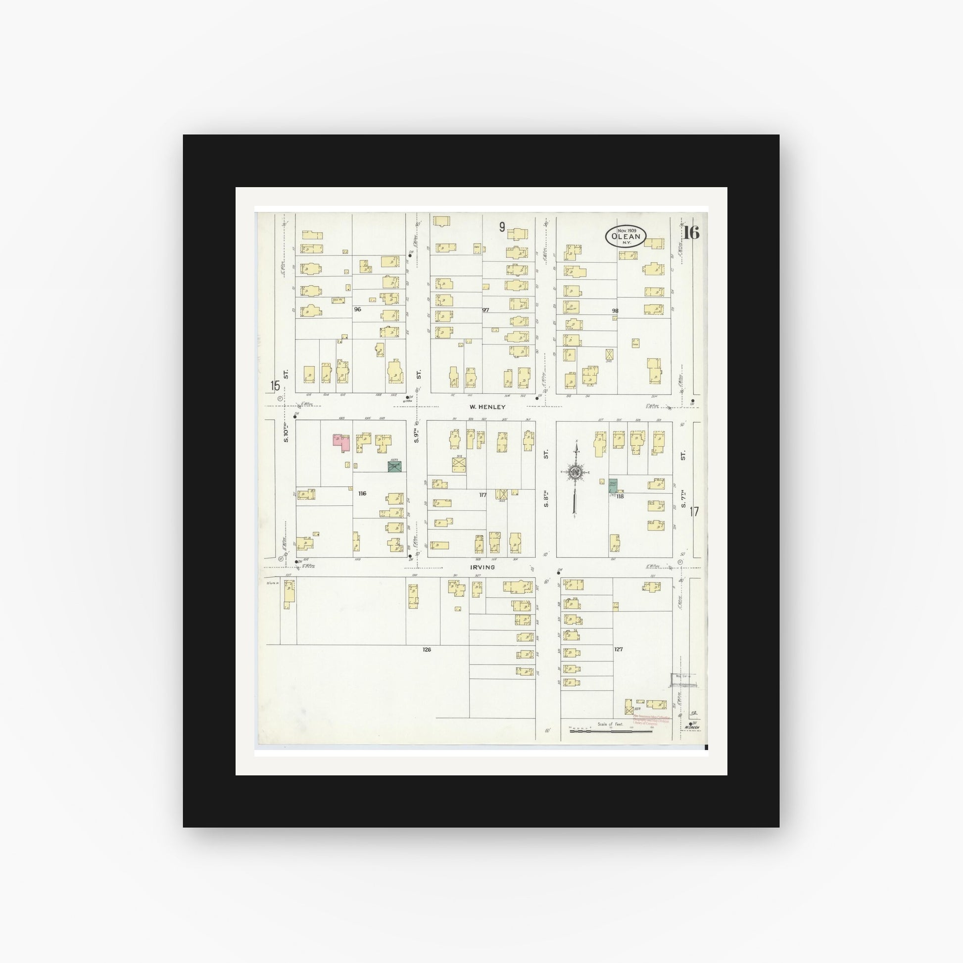 Old map wall art mockup — black gallery frame with white mat — Sanborn Fire Insurance Map from Olean, Cattaraugus County, New York (1909), Sheet #0016