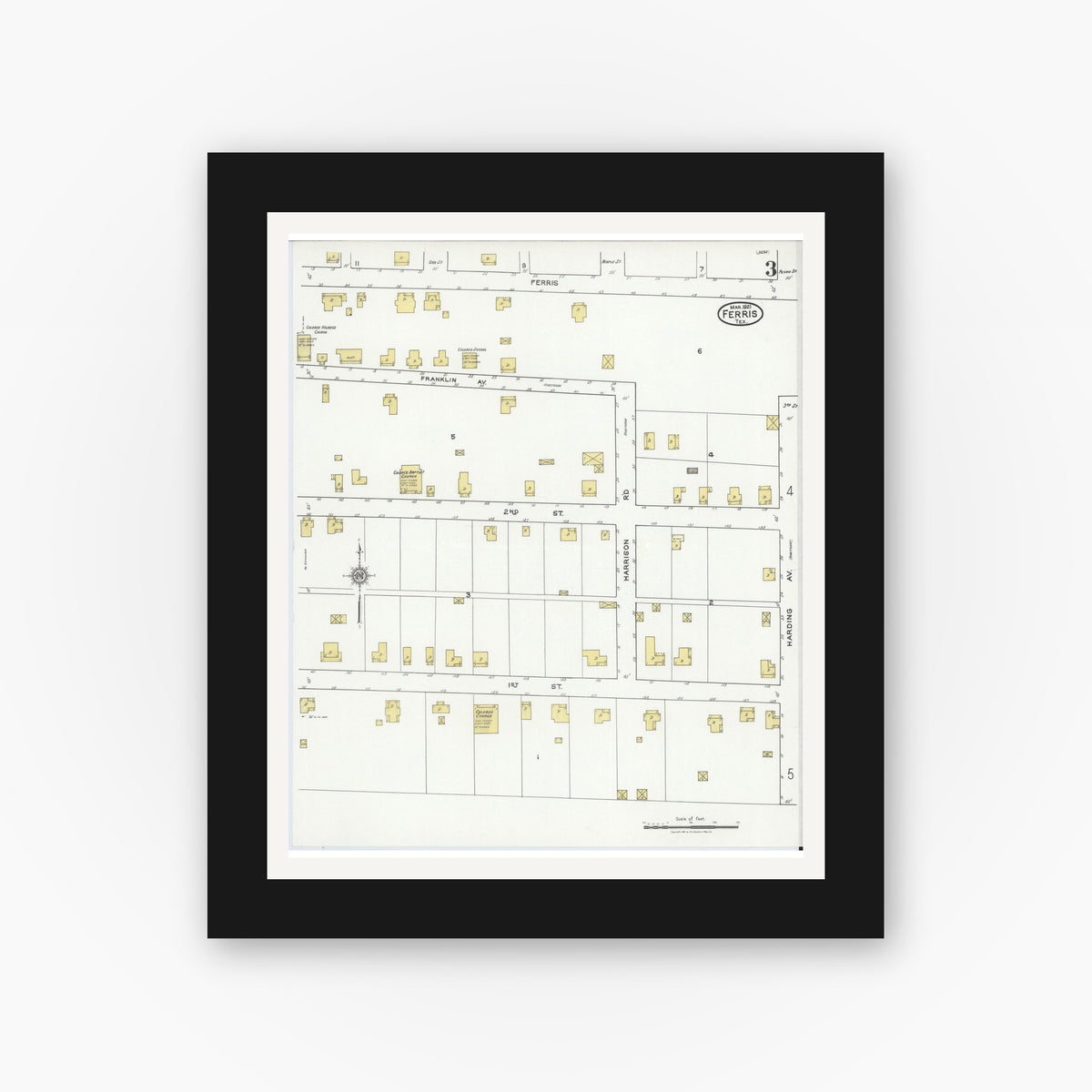 Old map wall art mockup — black gallery frame with white mat — Sanborn Fire Insurance Map from Ferris, Ellis County, Texas (1921), Sheet #0003