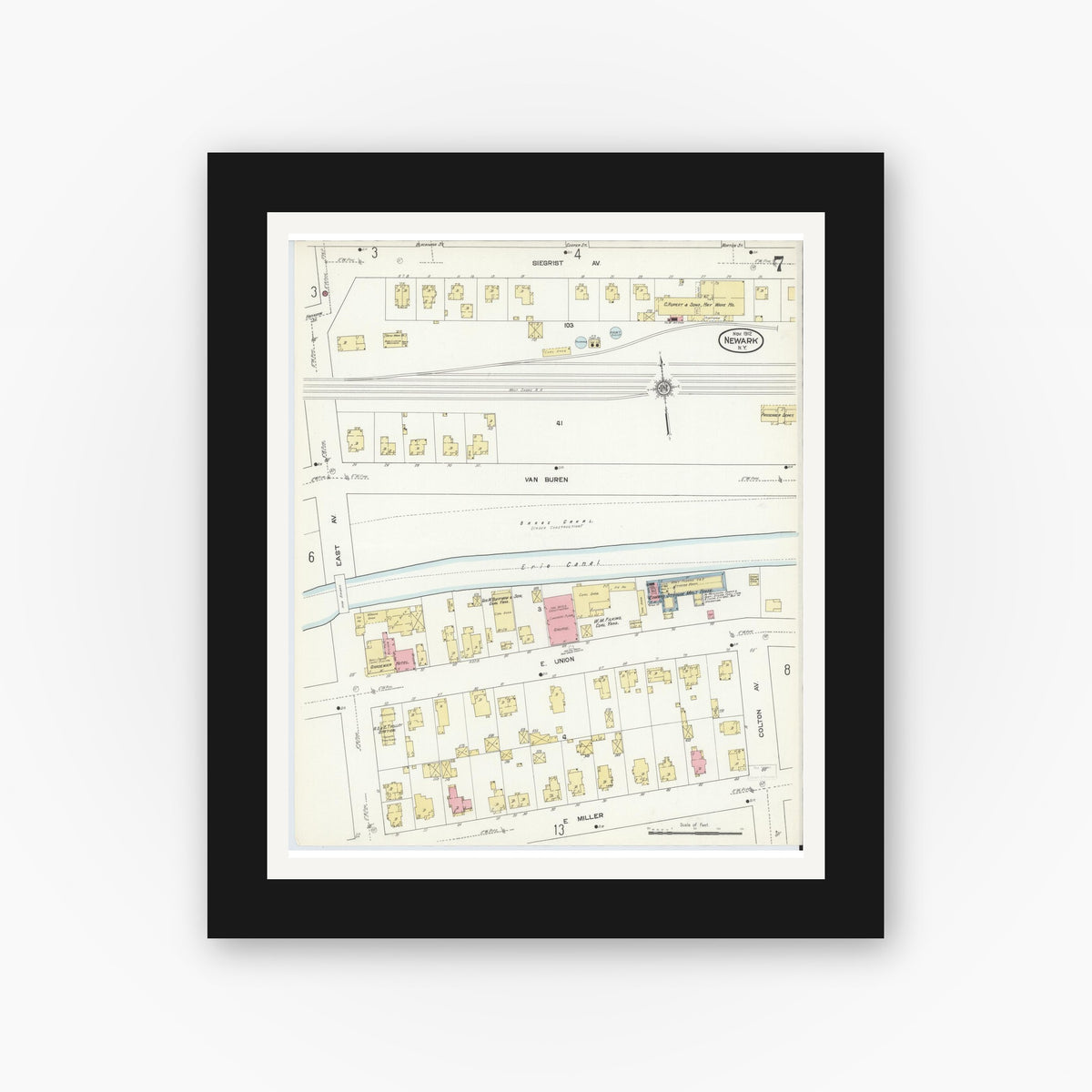 Old map wall art mockup — black gallery frame with white mat — Sanborn Fire Insurance Map from Newark, Wayne County, New York (1912), Sheet #0007