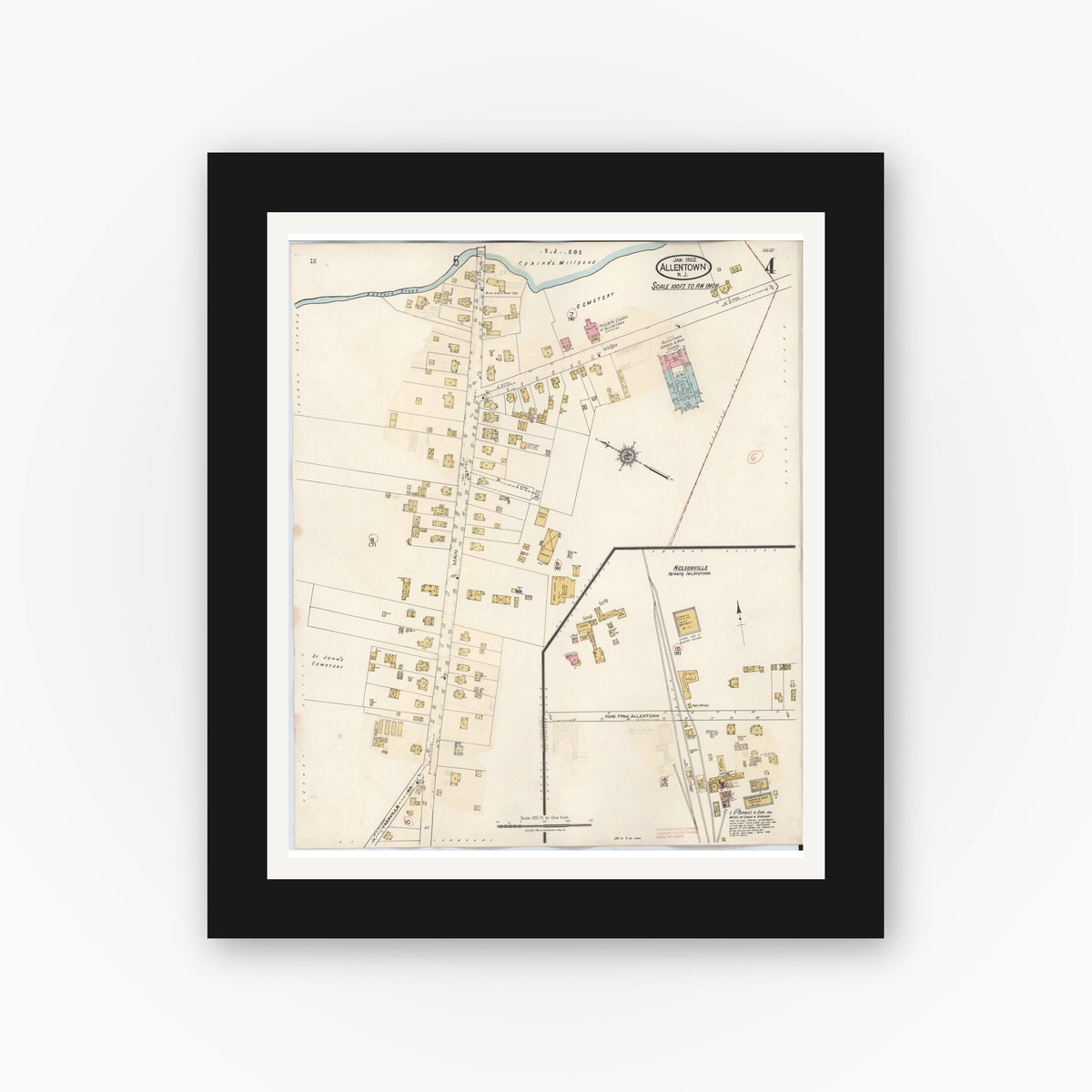 Old map wall art mockup — black gallery frame with white mat — Sanborn Fire Insurance Map from Allentown, Monmouth County, New Jersey (1940), Sheet #0004