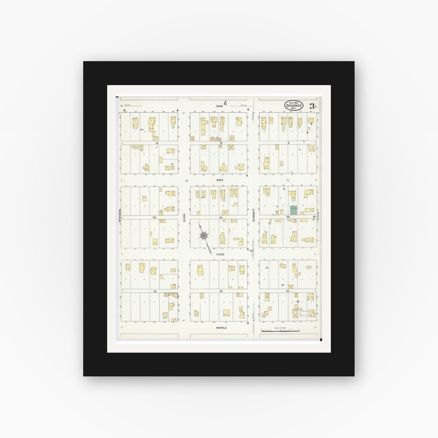Old map wall art mockup — black gallery frame with white mat — Sanborn Fire Insurance Map from Spooner, Washburn County, Wisconsin (1909), Sheet #0003