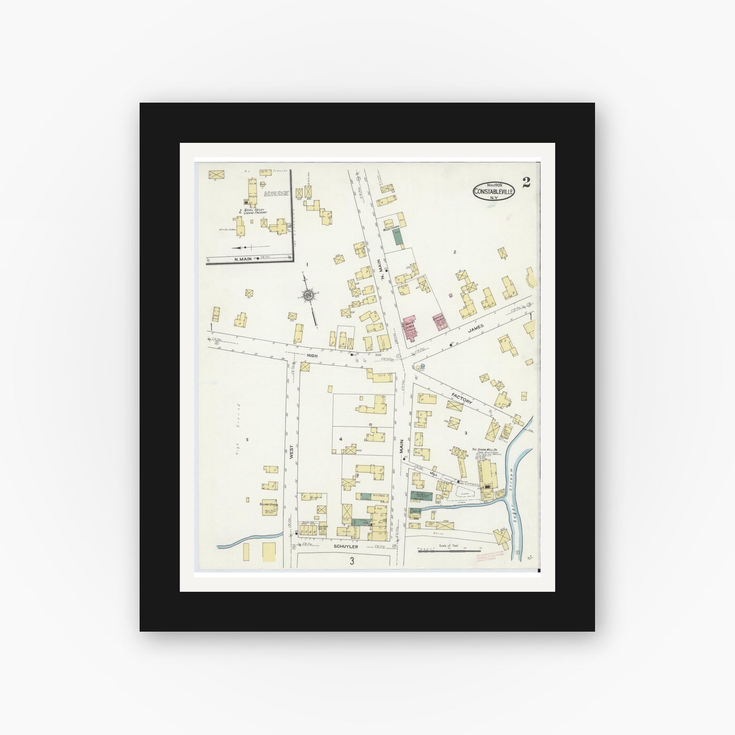 Old map wall art mockup — black gallery frame with white mat — Sanborn Fire Insurance Map from Constableville, Lewis County, New York (1909), Sheet #0002