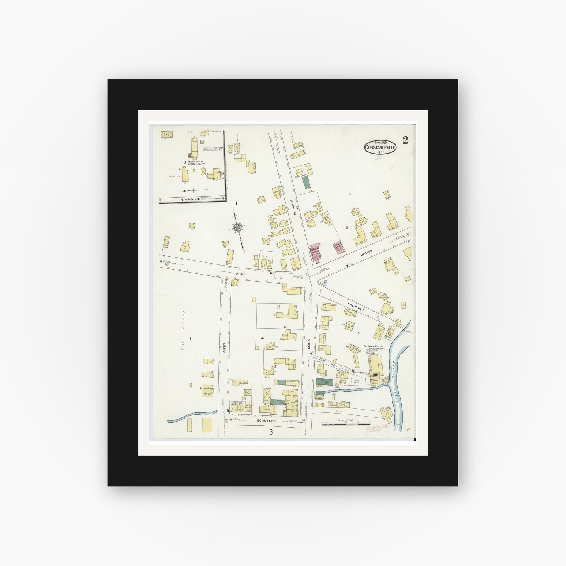 Old map wall art mockup — black gallery frame with white mat — Sanborn Fire Insurance Map from Constableville, Lewis County, New York (1909), Sheet #0002
