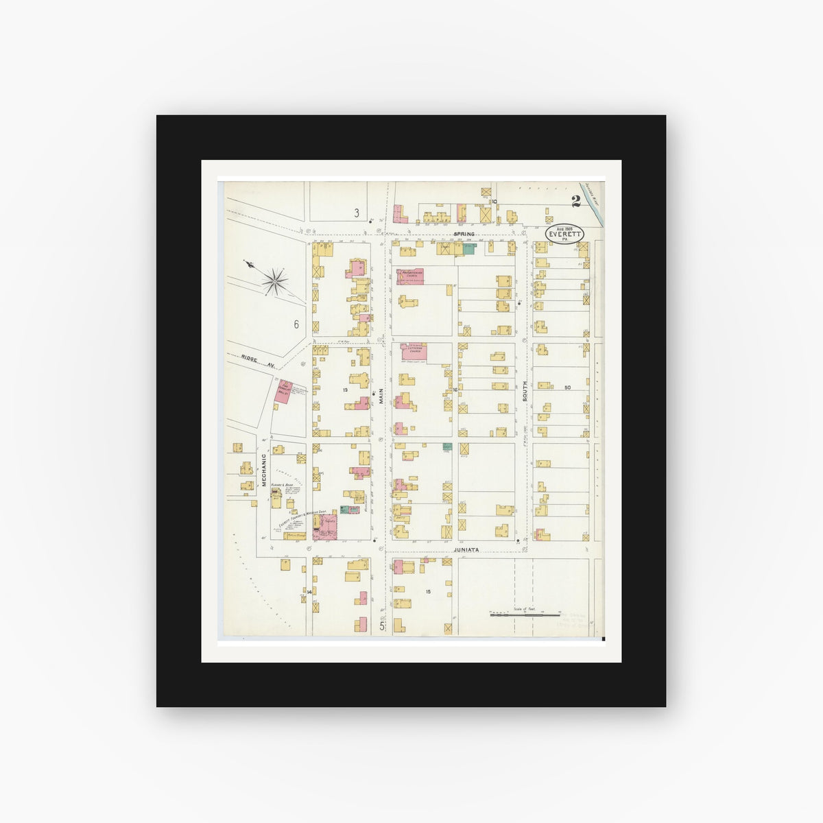 Old map wall art mockup — black gallery frame with white mat — Sanborn Fire Insurance Map from Everett, Bedford County, Pennsylvania (1905), Sheet #0002