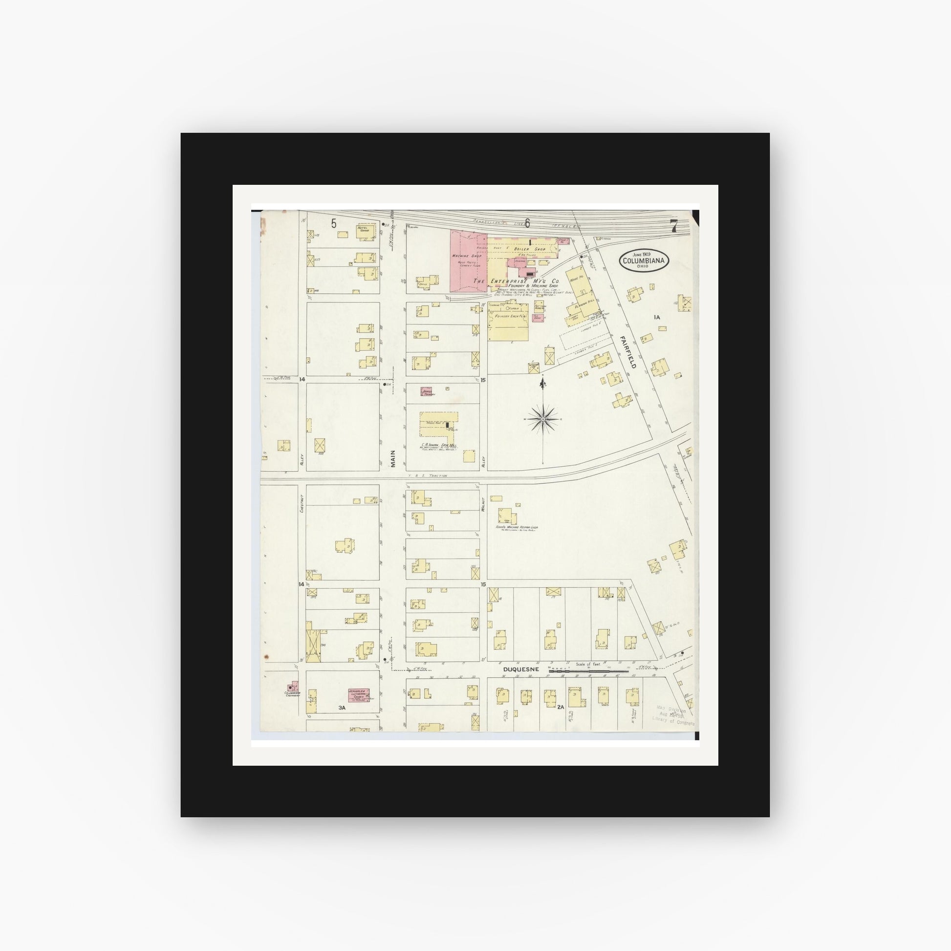 Old map wall art mockup — black gallery frame with white mat — Sanborn Fire Insurance Map from Columbiana, Columbiana County, Ohio (1909), Sheet #0007