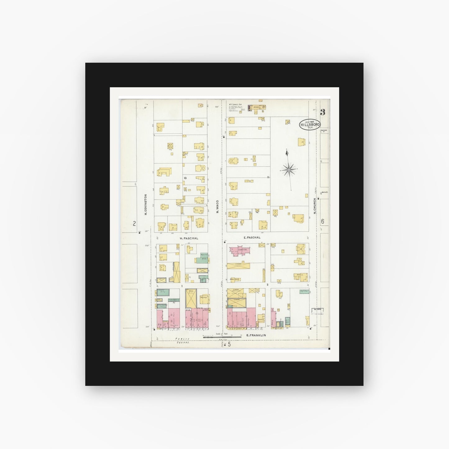 Old map wall art mockup — black gallery frame with white mat — Sanborn Fire Insurance Map from Hillsboro, Hill County, Texas (1905), Sheet #0003
