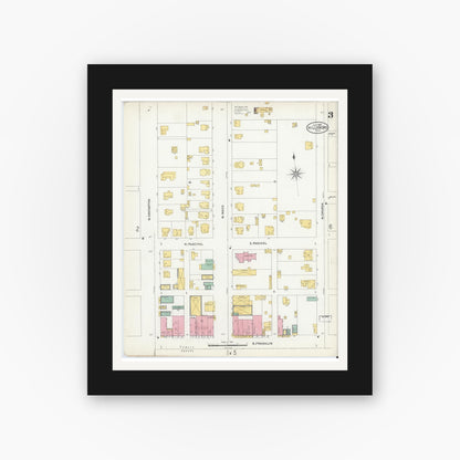 Old map wall art mockup — black gallery frame with white mat — Sanborn Fire Insurance Map from Hillsboro, Hill County, Texas (1905), Sheet #0003