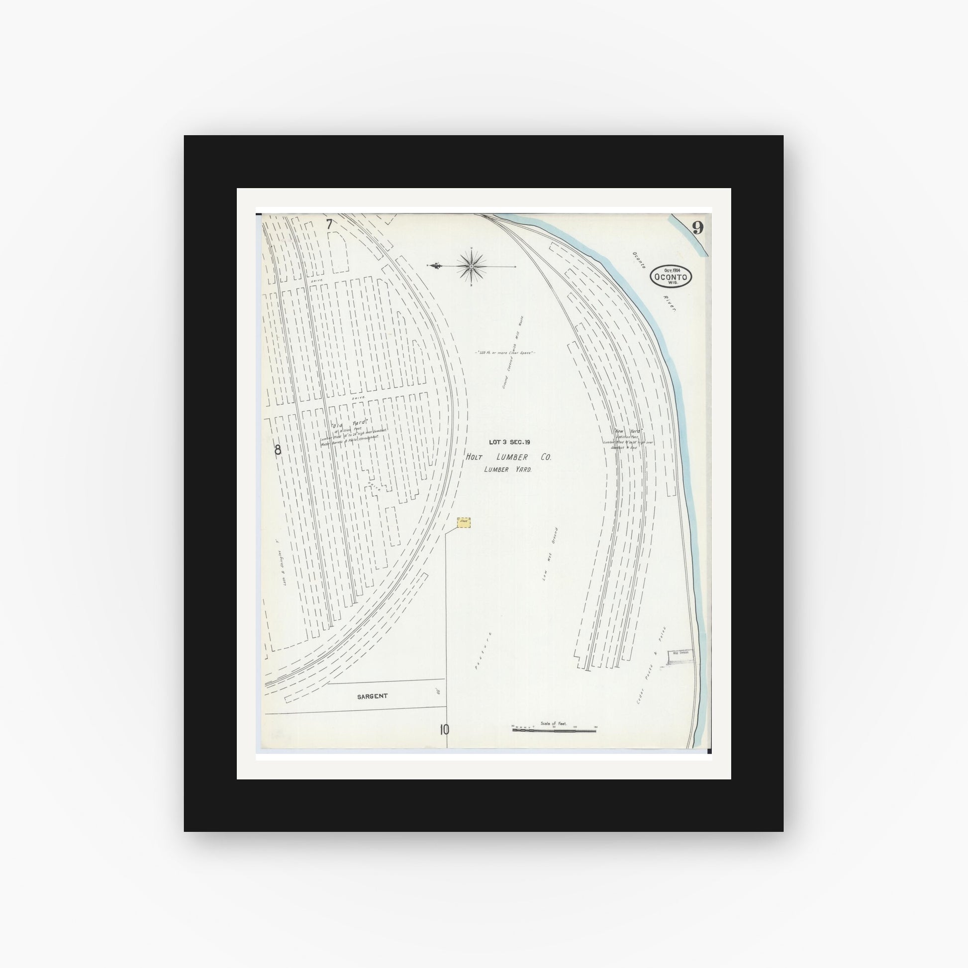 Old map wall art mockup — black gallery frame with white mat — Sanborn Fire Insurance Map from Oconto, Oconto County, Wisconsin (1904), Sheet #0009