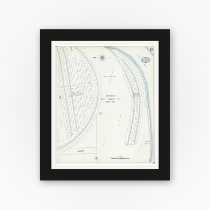 Old map wall art mockup — black gallery frame with white mat — Sanborn Fire Insurance Map from Oconto, Oconto County, Wisconsin (1904), Sheet #0009