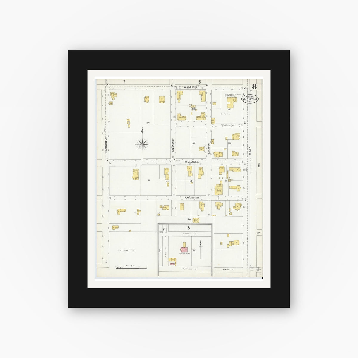 Old map wall art mockup — black gallery frame with white mat — Sanborn Fire Insurance Map from Gainesville, Alachua County, Florida (1903), Sheet #0008