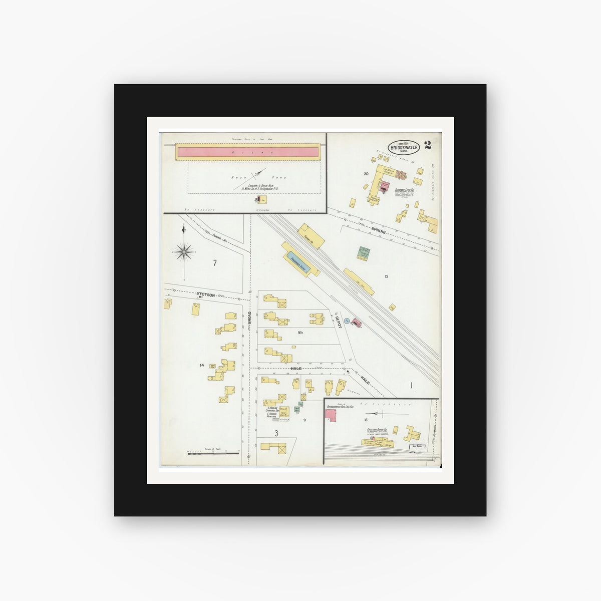 Old map wall art mockup — black gallery frame with white mat — Sanborn Fire Insurance Map from Bridgewater, Plymouth County, Massachusetts (1901), Sheet #0002