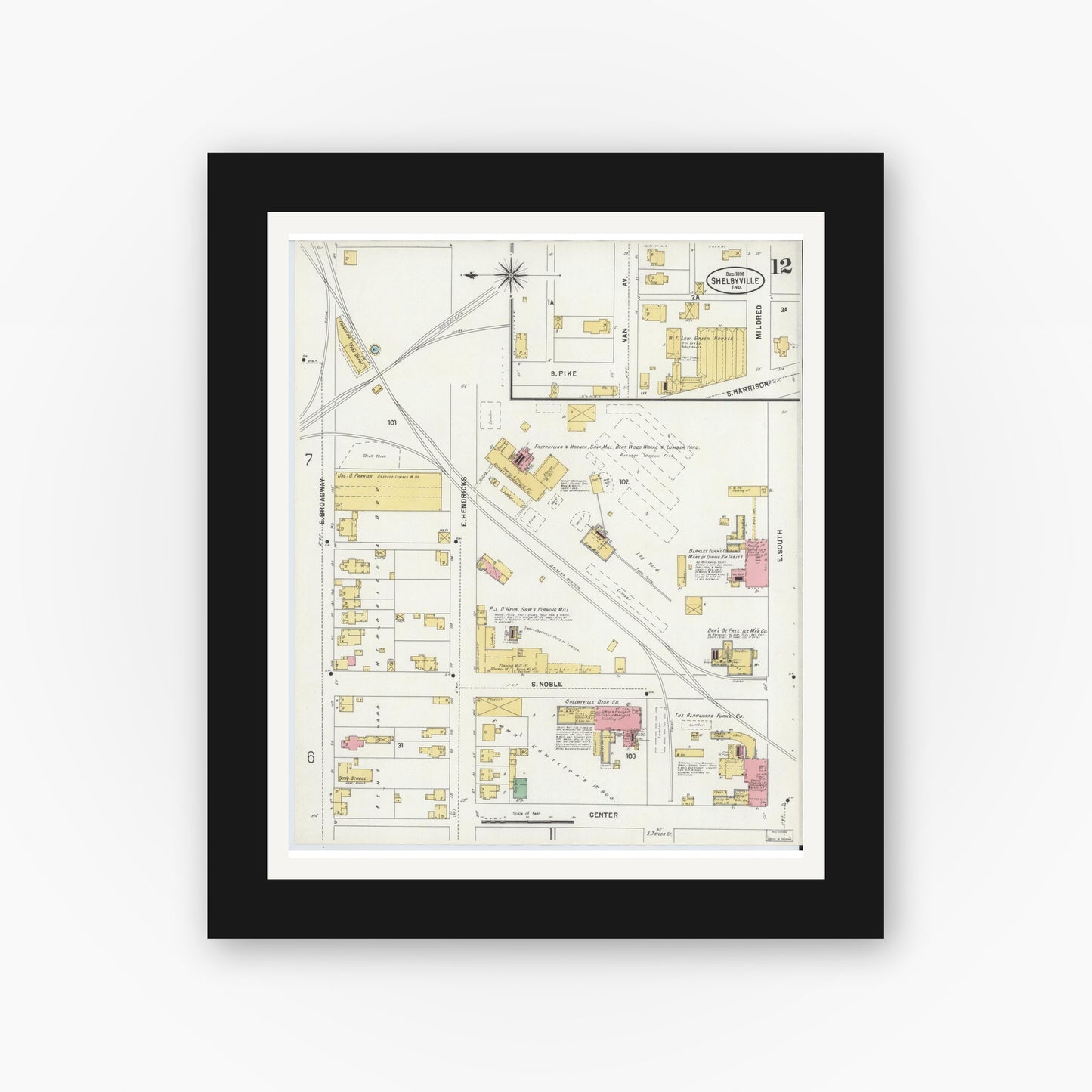 Old map wall art mockup — black gallery frame with white mat — Sanborn Fire Insurance Map from Shelbyville, Shelby County, Indiana (1898), Sheet #0012