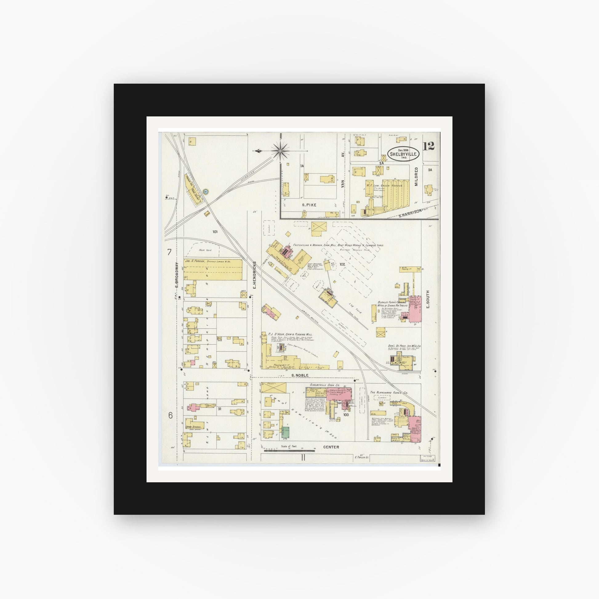 Old map wall art mockup — black gallery frame with white mat — Sanborn Fire Insurance Map from Shelbyville, Shelby County, Indiana (1898), Sheet #0012