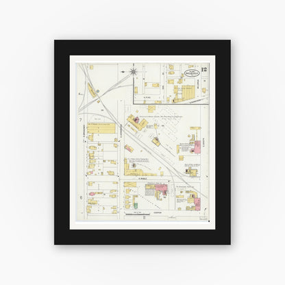 Old map wall art mockup — black gallery frame with white mat — Sanborn Fire Insurance Map from Shelbyville, Shelby County, Indiana (1898), Sheet #0012