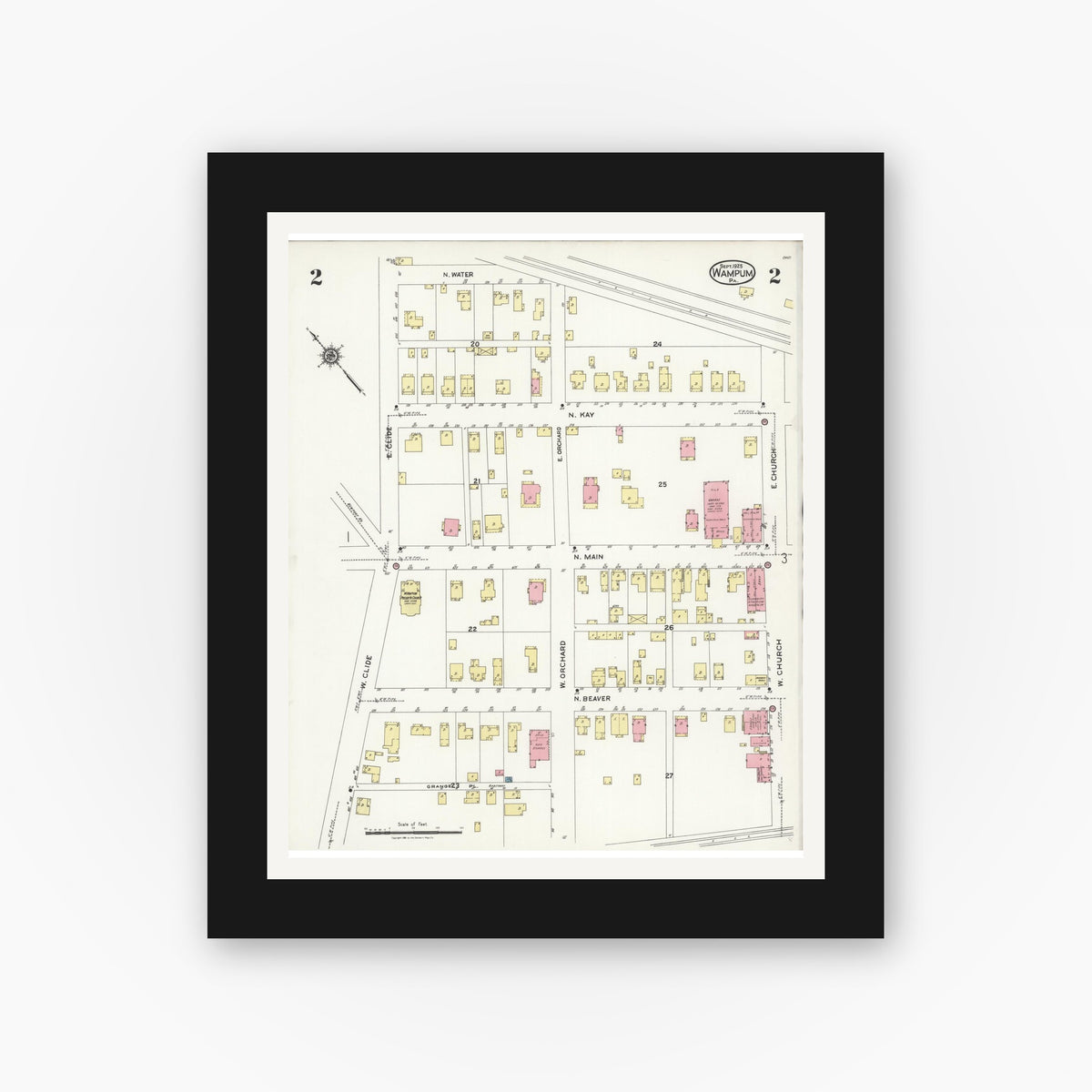 Old map wall art mockup — black gallery frame with white mat — Sanborn Fire Insurance Map from Wampum, Lawrence County, Pennsylvania (1925), Sheet #0002