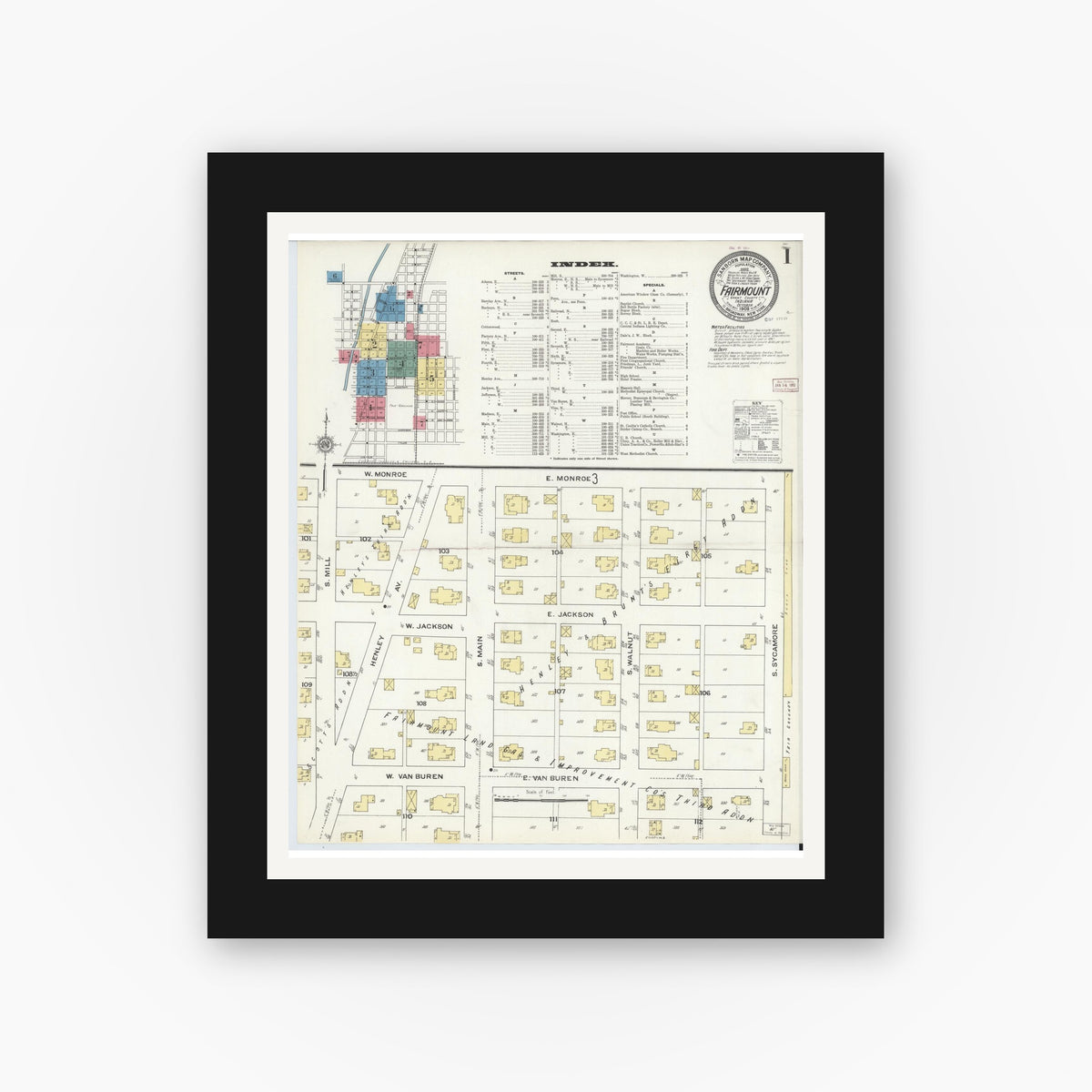 Old map wall art mockup — black gallery frame with white mat — Sanborn Fire Insurance Map from Fairmount, Grant County, Indiana (1909), Sheet #0001