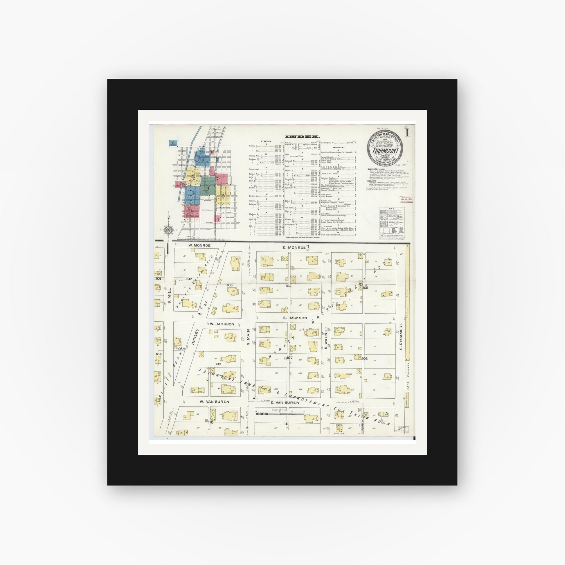 Old map wall art mockup — black gallery frame with white mat — Sanborn Fire Insurance Map from Fairmount, Grant County, Indiana (1909), Sheet #0001