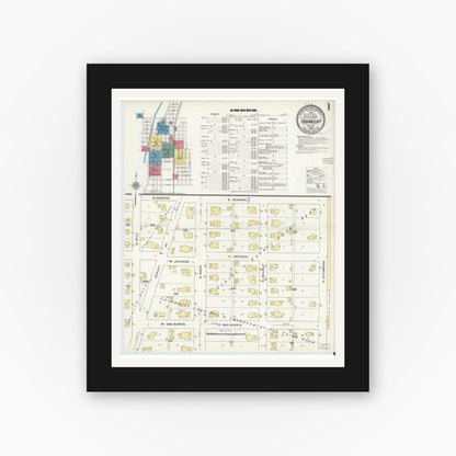 Old map wall art mockup — black gallery frame with white mat — Sanborn Fire Insurance Map from Fairmount, Grant County, Indiana (1909), Sheet #0001