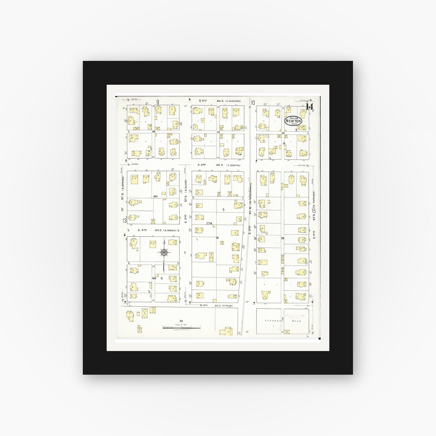 Old map wall art mockup — black gallery frame with white mat — Sanborn Fire Insurance Map from Newton, Jasper County, Iowa (1918), Sheet #0014