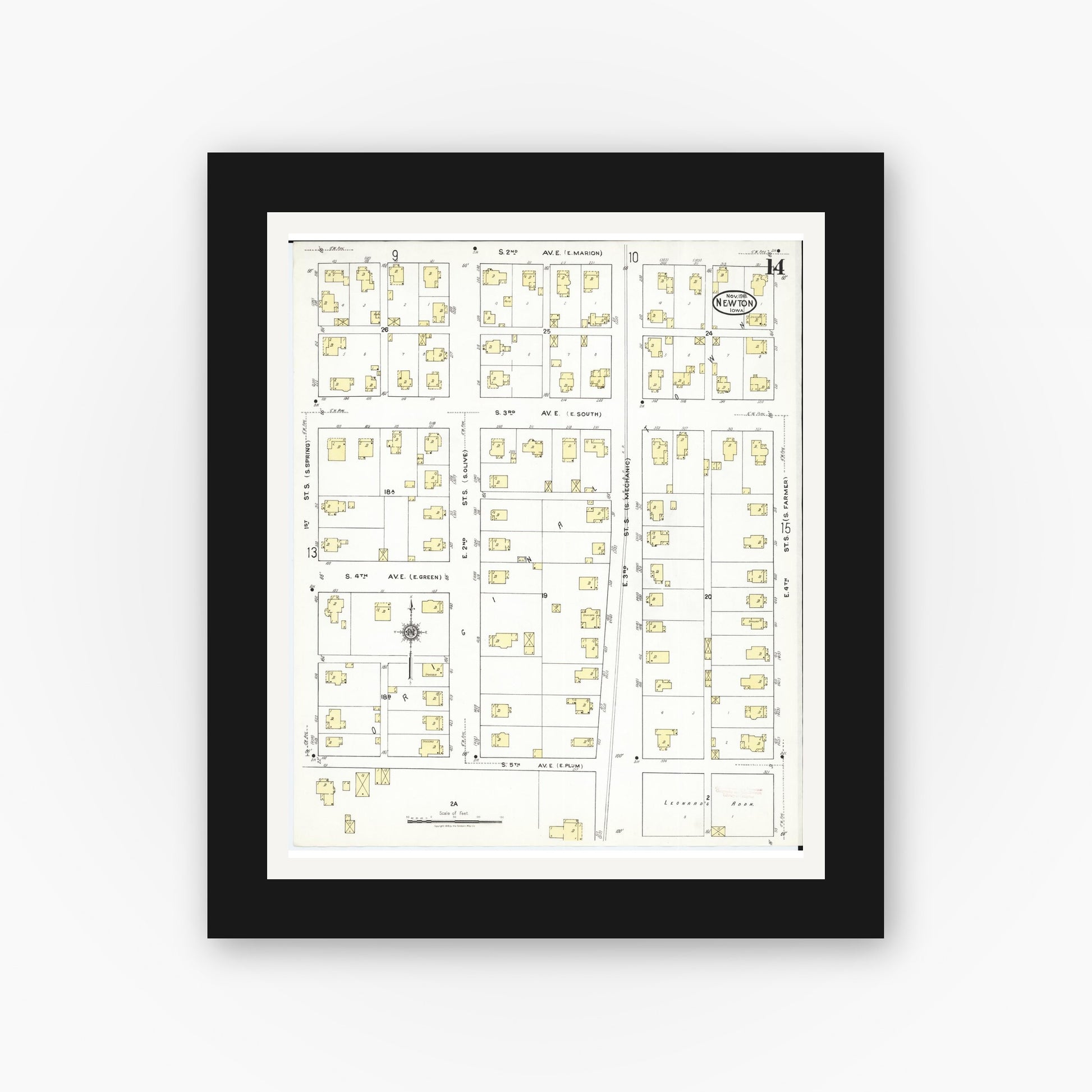 Old map wall art mockup — black gallery frame with white mat — Sanborn Fire Insurance Map from Newton, Jasper County, Iowa (1918), Sheet #0014
