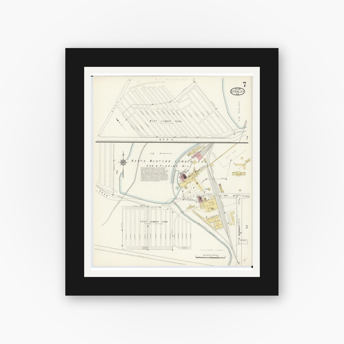 Old map wall art mockup — black gallery frame with white mat — Sanborn Fire Insurance Map from Stanley, Chippewa County, Wisconsin (1912), Sheet #0007
