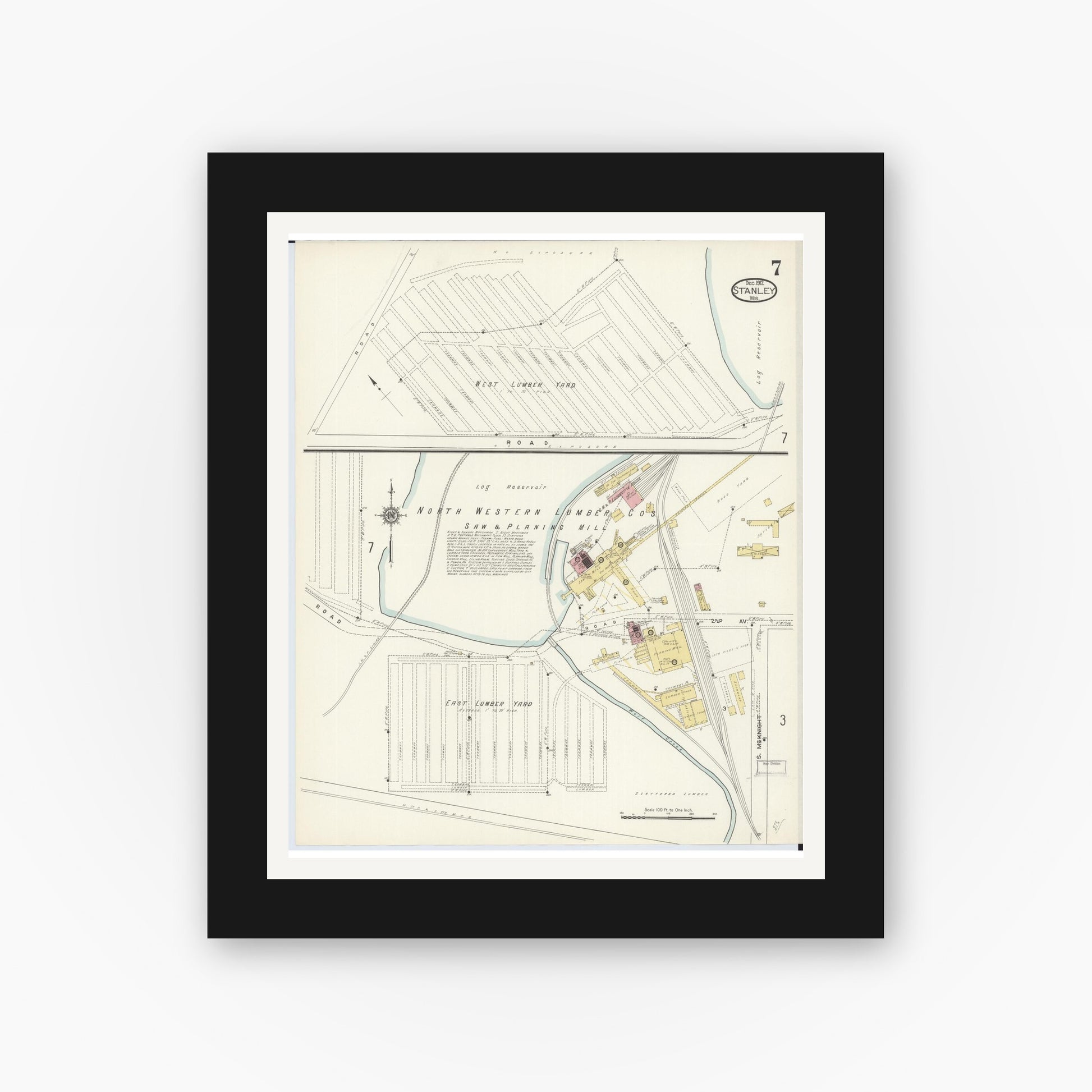 Old map wall art mockup — black gallery frame with white mat — Sanborn Fire Insurance Map from Stanley, Chippewa County, Wisconsin (1912), Sheet #0007