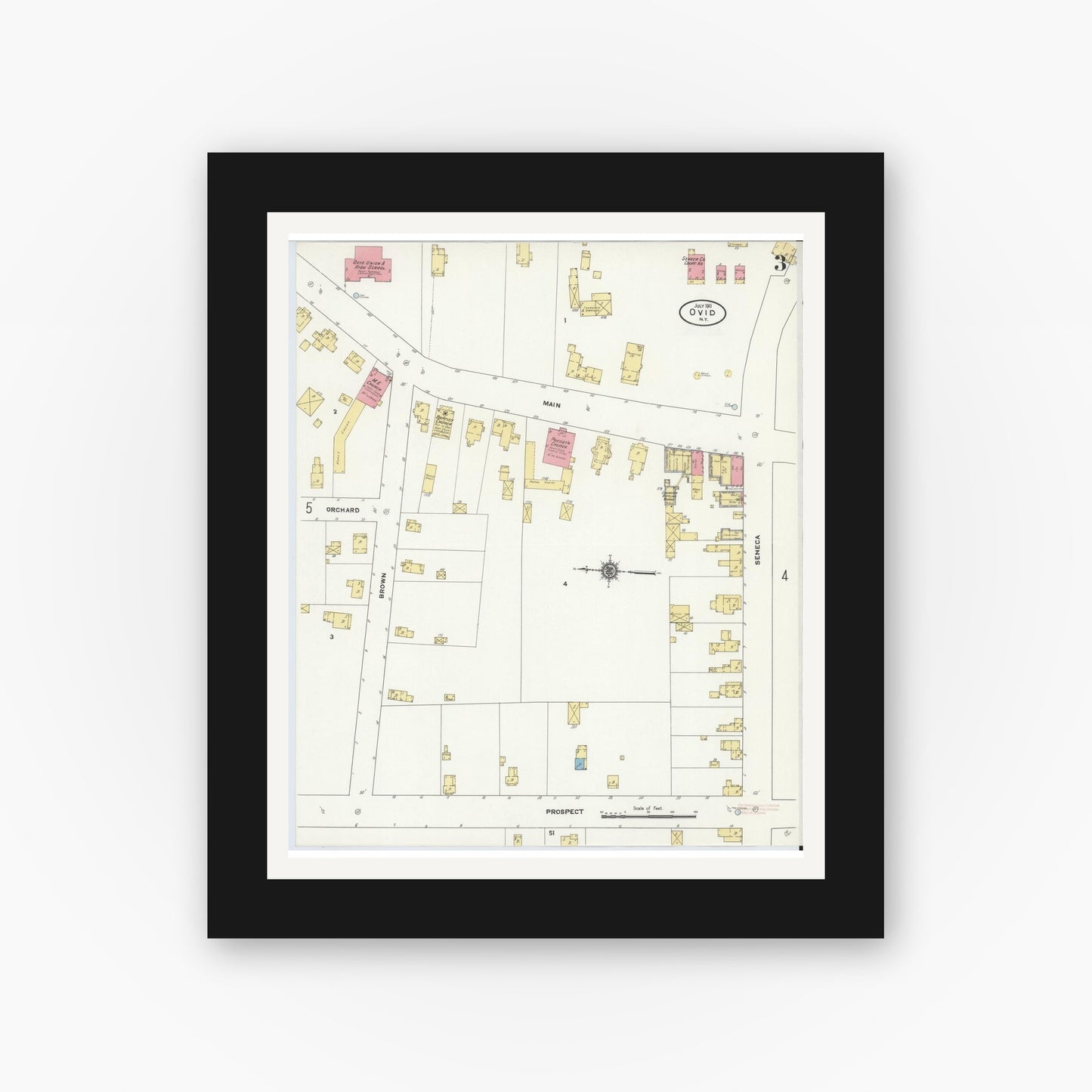 Old map wall art mockup — black gallery frame with white mat — Sanborn Fire Insurance Map from Ovid, Seneca County, New York (1911), Sheet #0003