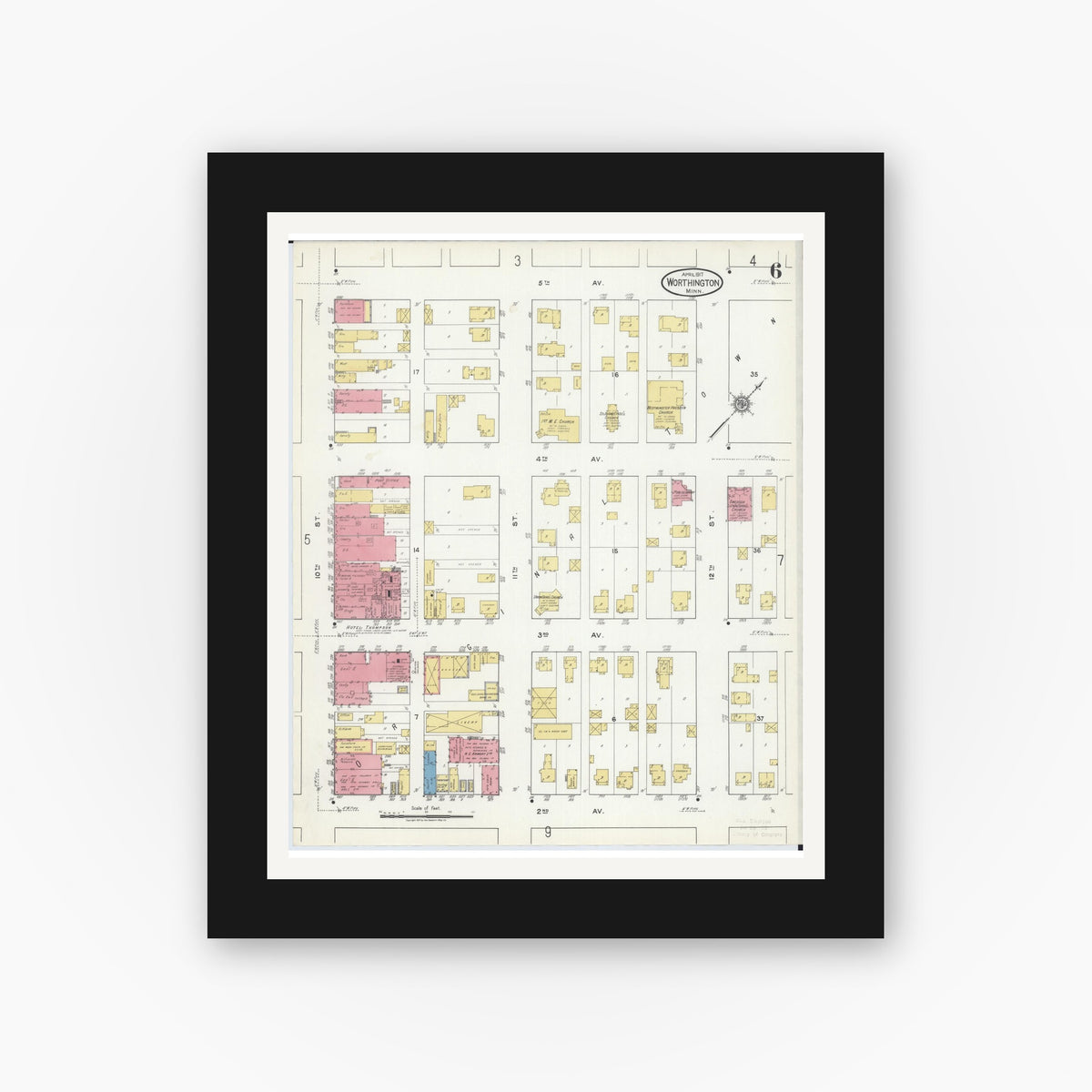 Old map wall art mockup — black gallery frame with white mat — Sanborn Fire Insurance Map from Worthington, Nobles County, Minnesota (1917), Sheet #0006