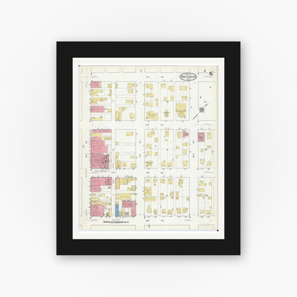 Old map wall art mockup — black gallery frame with white mat — Sanborn Fire Insurance Map from Worthington, Nobles County, Minnesota (1917), Sheet #0006