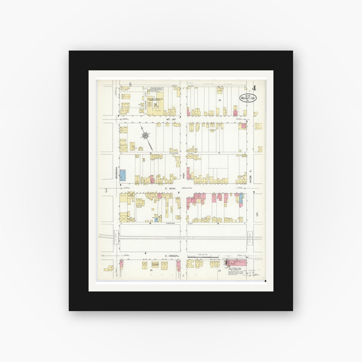 Old map wall art mockup — black gallery frame with white mat — Sanborn Fire Insurance Map from Mount Joy, Lancaster County, Pennsylvania (1912), Sheet #0004
