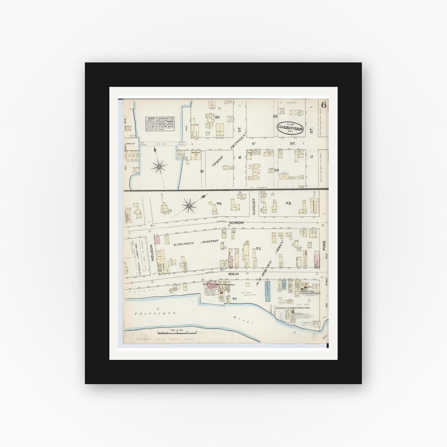 Old map wall art mockup — black gallery frame with white mat — Sanborn Fire Insurance Map from Cheboygan, Cheboygan County, Michigan (1884), Sheet #0006