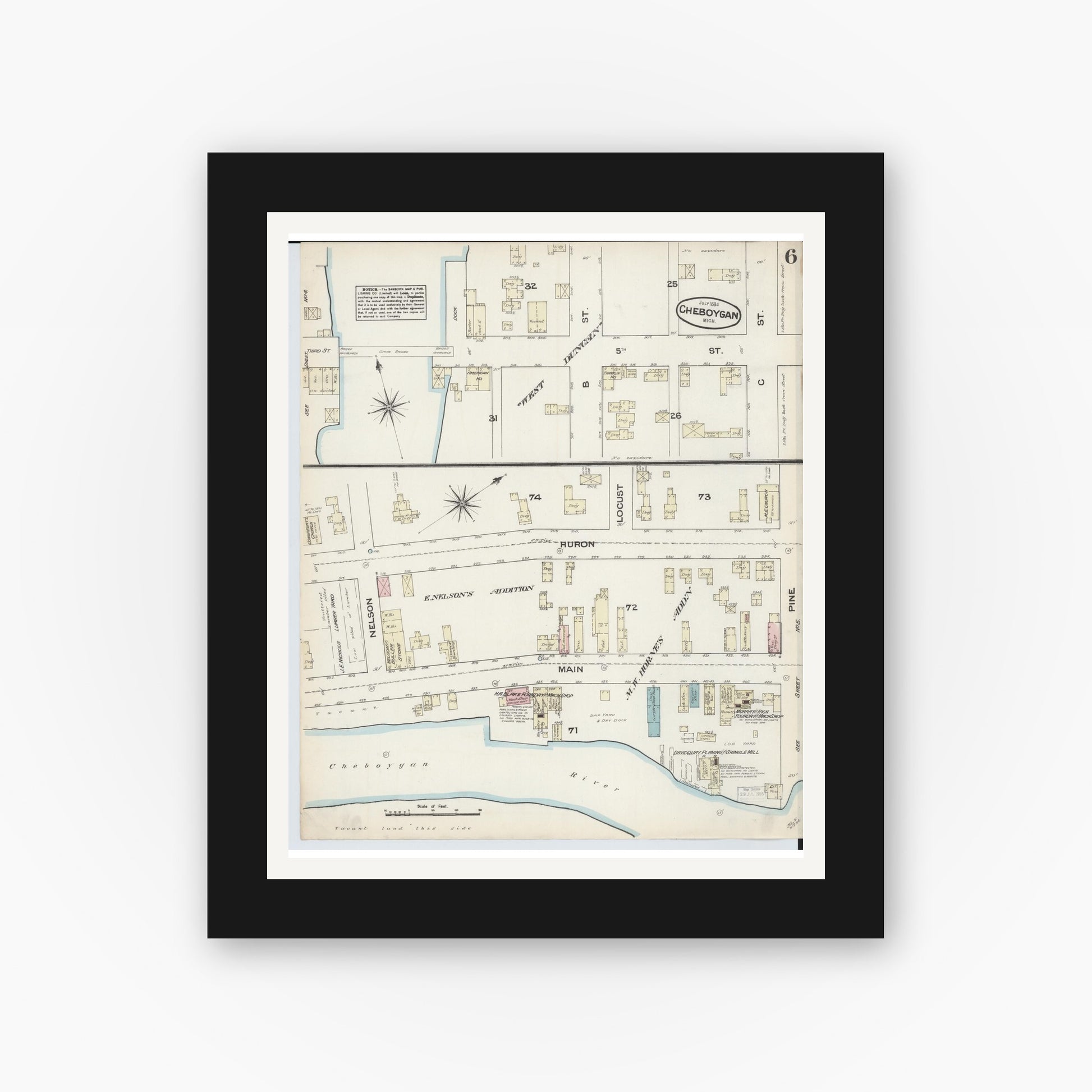 Old map wall art mockup — black gallery frame with white mat — Sanborn Fire Insurance Map from Cheboygan, Cheboygan County, Michigan (1884), Sheet #0006