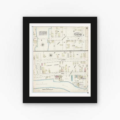 Old map wall art mockup — black gallery frame with white mat — Sanborn Fire Insurance Map from Cheboygan, Cheboygan County, Michigan (1884), Sheet #0006