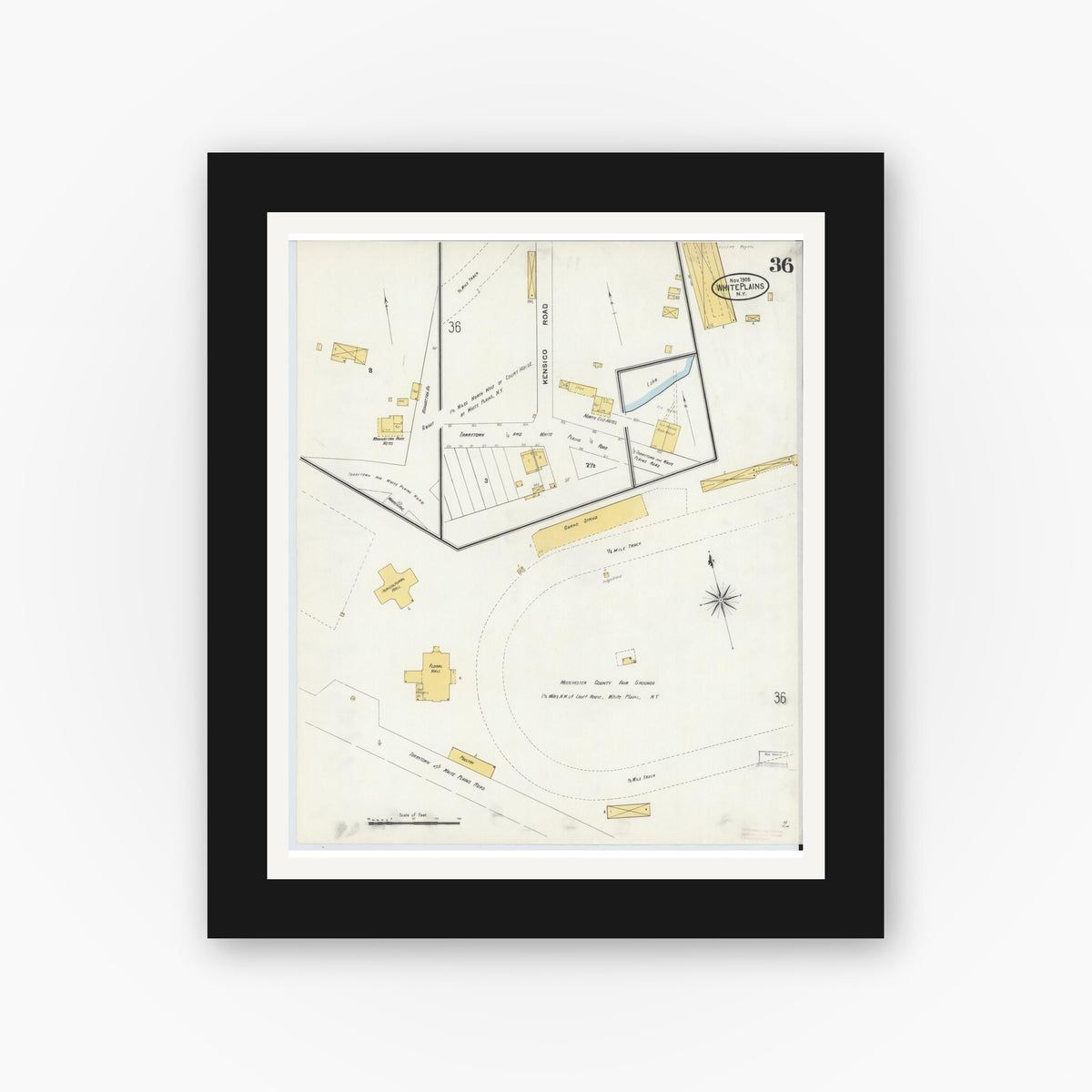 Old map wall art mockup — black gallery frame with white mat — Sanborn Fire Insurance Map from White Plains, Westchester County, New York (1905), Sheet #0036