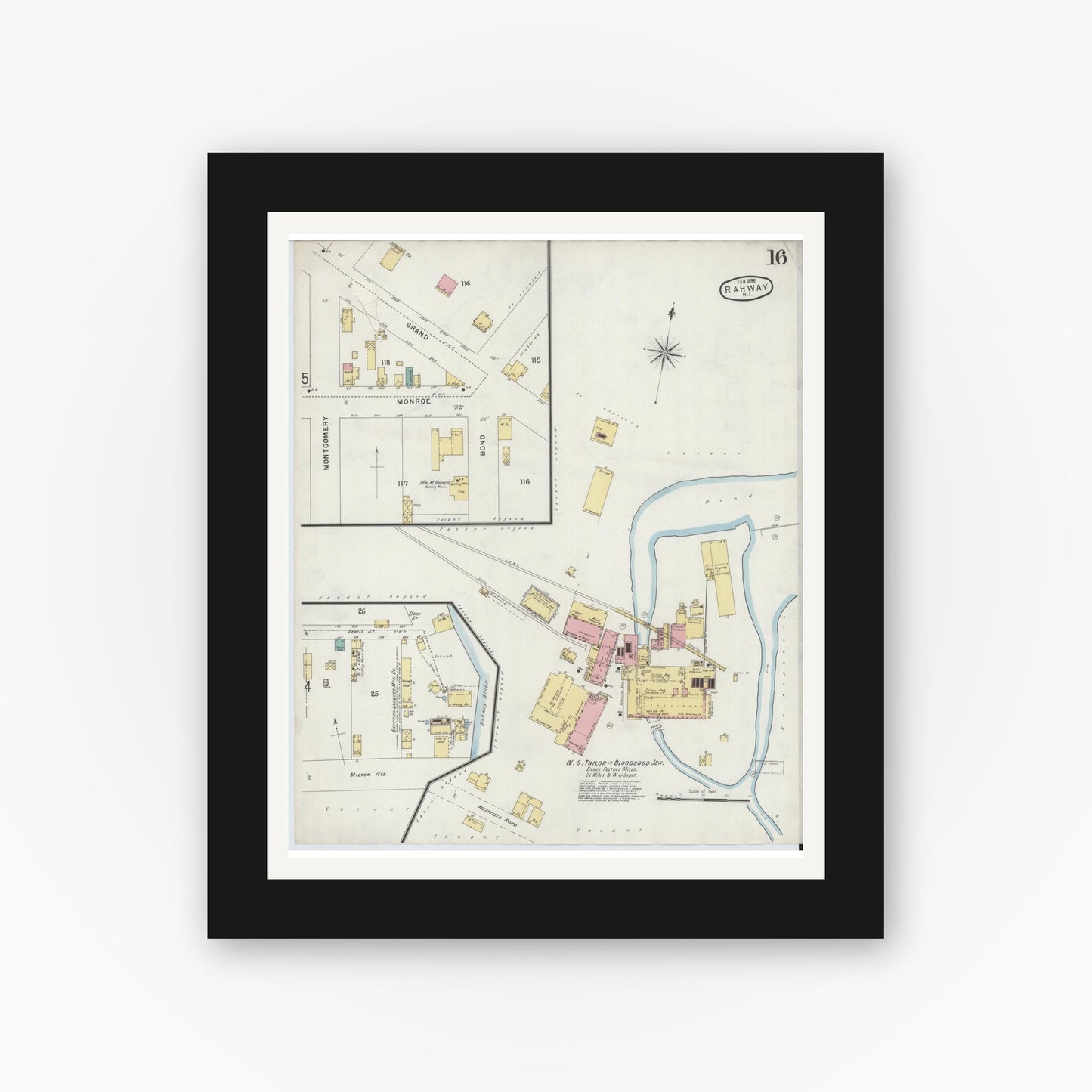 Old map wall art mockup — black gallery frame with white mat — Sanborn Fire Insurance Map from Rahway, Union County, New Jersey (1896), Sheet #0016
