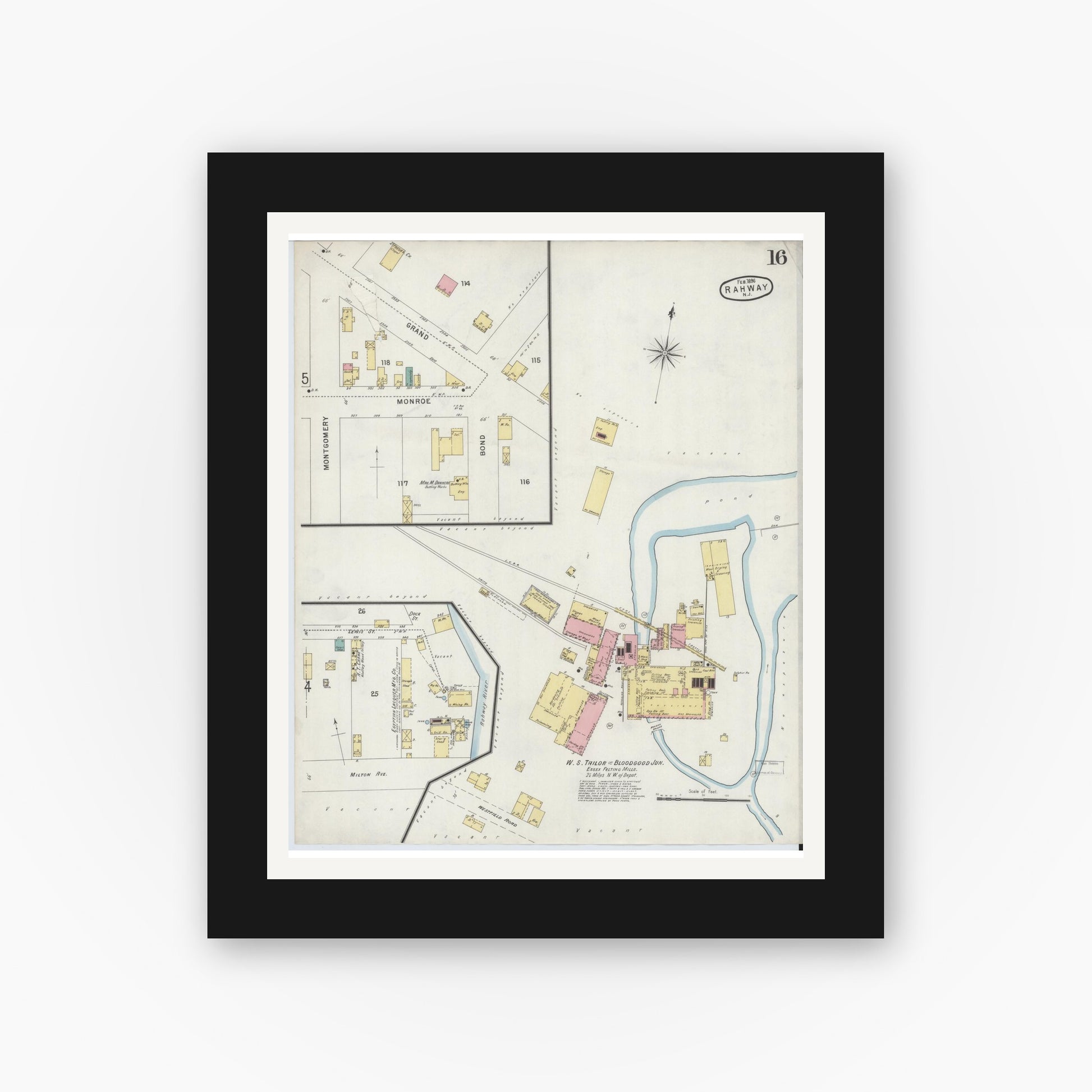 Old map wall art mockup — black gallery frame with white mat — Sanborn Fire Insurance Map from Rahway, Union County, New Jersey (1896), Sheet #0016
