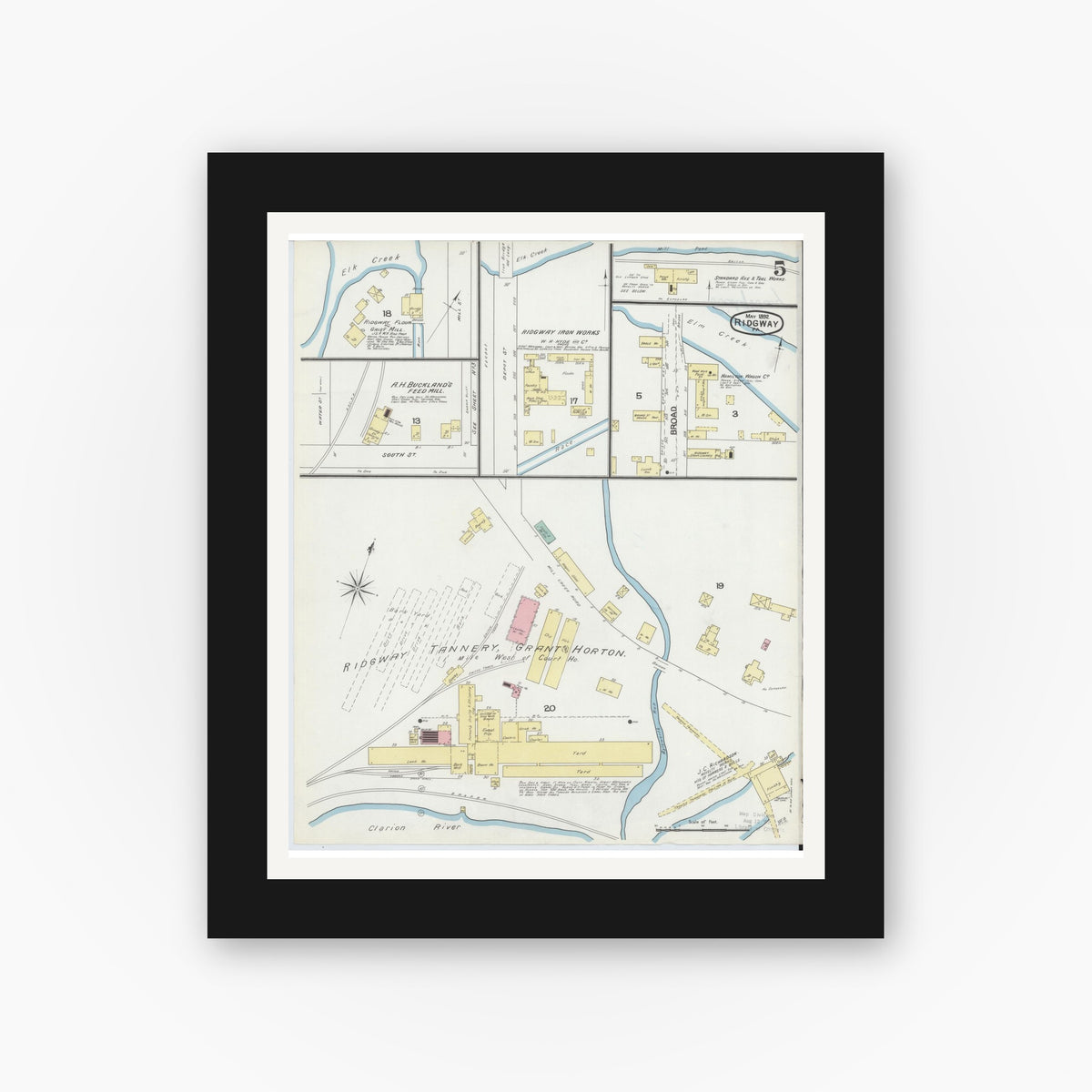 Old map wall art mockup — black gallery frame with white mat — Sanborn Fire Insurance Map from Ridgway, Elk County, Pennsylvania (1892), Sheet #0005