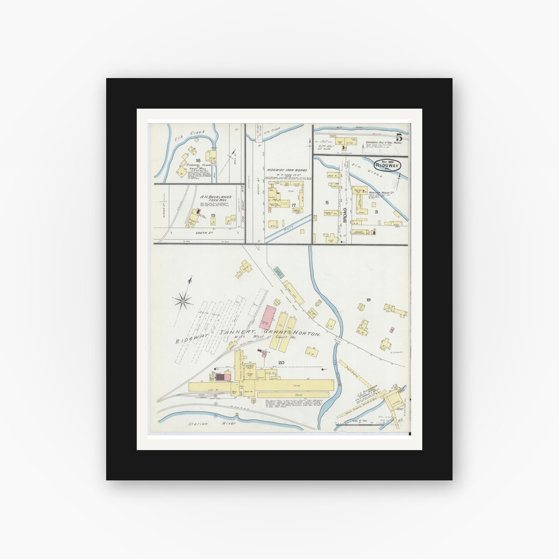 Old map wall art mockup — black gallery frame with white mat — Sanborn Fire Insurance Map from Ridgway, Elk County, Pennsylvania (1892), Sheet #0005
