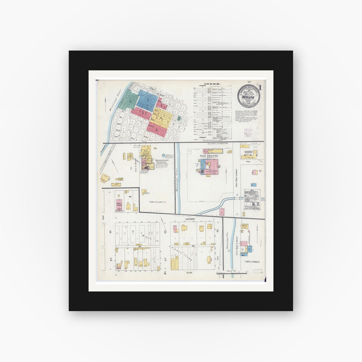 Old map wall art mockup — black gallery frame with white mat — Sanborn Fire Insurance Map from Warsaw, Hancock County, Illinois (1906), Sheet #0001
