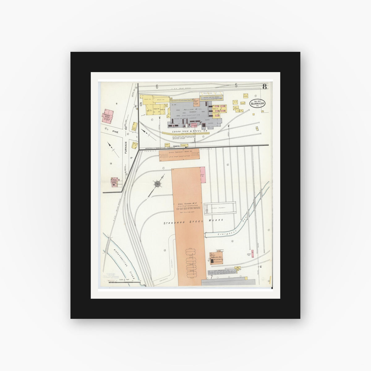 Old map wall art mockup — black gallery frame with white mat — Sanborn Fire Insurance Map from Burnham, Mifflin County, Pennsylvania (1910), Sheet #0008