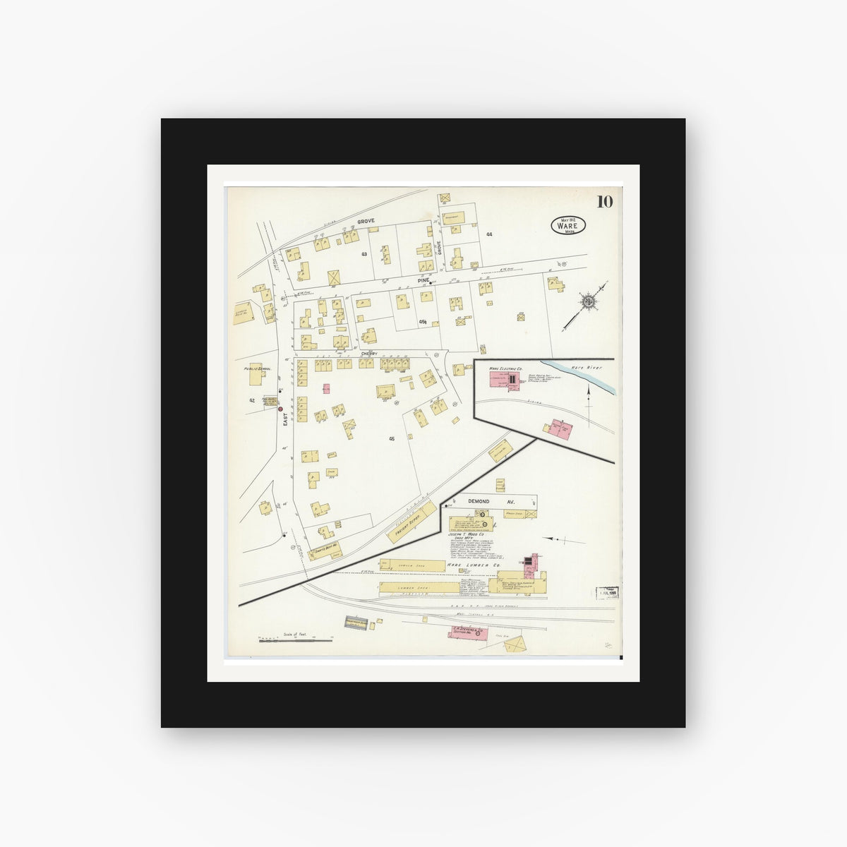 Old map wall art mockup — black gallery frame with white mat — Sanborn Fire Insurance Map from Ware, Hampshire County, Massachusetts (1912), Sheet #0010